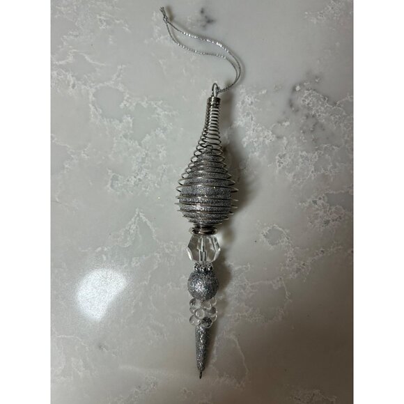 MCM Vintage 6" Christmas Ornament Silver Spring Plastic Clear Beads Modern - Picture 1 of 6